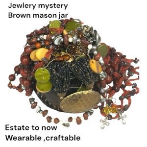 Estate to now Jewlery mystery  jar , glass,metal beads, earrings browns greens